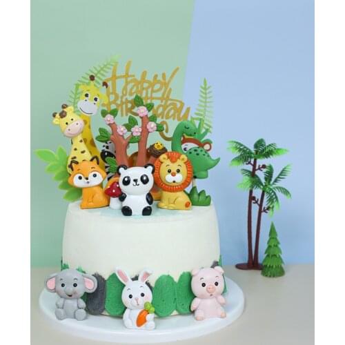 Cartoon Woodland Animals Cake Topper Jungle Safari Dinosaur Cupcake Decor Cute Forest Loin Rabbit 1st Boy Birthday Cake Supplies