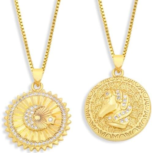 FLOLA Gold Short Chain Star Moon Necklace Copper CZ Round Horse Pendant Necklace Jewelry For Women Gift nkew66