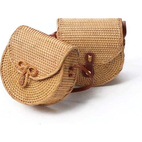 Bali Bamboo Rattan Woven Bags Women Handmade Bohemia Straw Bags Beach Vacation Outdoor Semicircle Shoulder Bag Ladies Crossbody