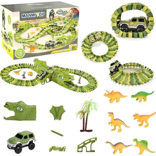 DIY Assembling Blocks Jurassic Dinosaur Race Track Set Electric Race Railway Car Dinosaur Model Toy for Kids Boys Birthday Gift