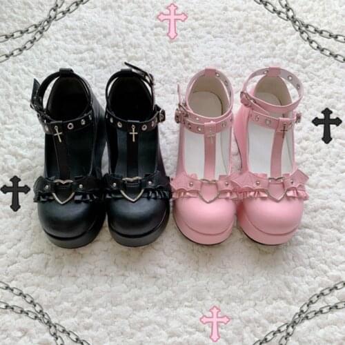 Kawaii Girl Lolita Gothic Punk Shoes Women Flat Flatform Ankle-strap Bowknot Demon Monk Straps Block Heels Black Pink Shoes