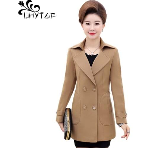 UHYTGF 2021 New Spring Autumn Trench Coat For Women Double-Breasted Ladie Plus Size Outerwear Mid-Length Windbreaker Female 1326