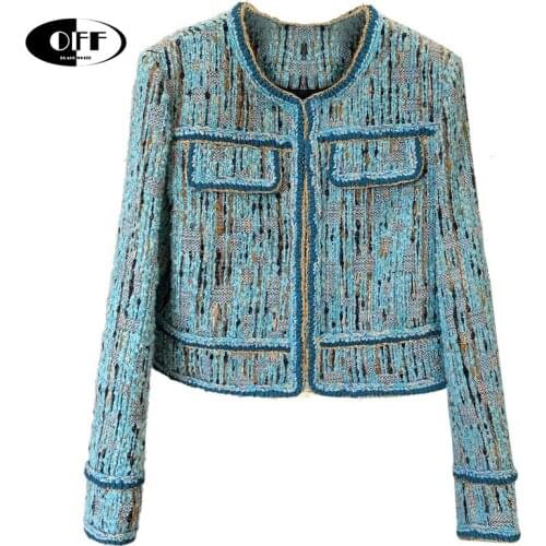 Autumn Spring Cropped Tweed Jacket Female O-neck Harajuku Long Sleeve Short Coat Streetwear Jackets Women Clothing Veste Femme