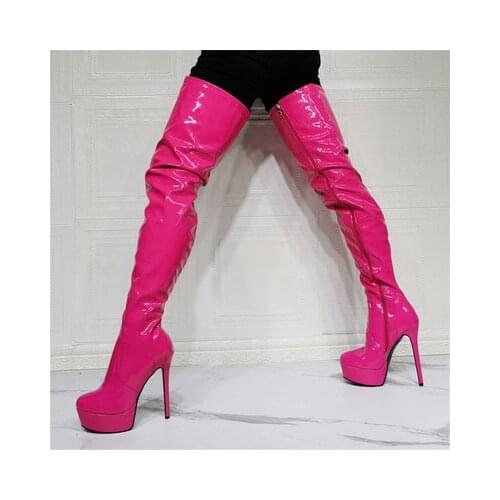 Handmade Women Unisex Winter Over Knee Boots Platform Patent Leather Side Zipper Stiletto Heel Round Toe Party Shoes US Size5-20