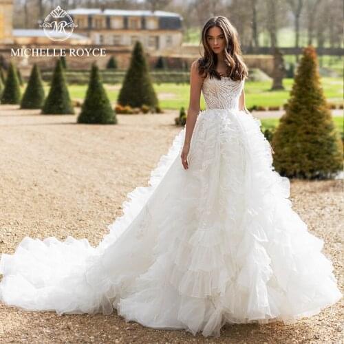 Michelle Royce A-Ling Wedding Dresses 2021 Square Collar Sleeveless Beading Button Chapel Train Bridal Gowns Vestido De Noiva