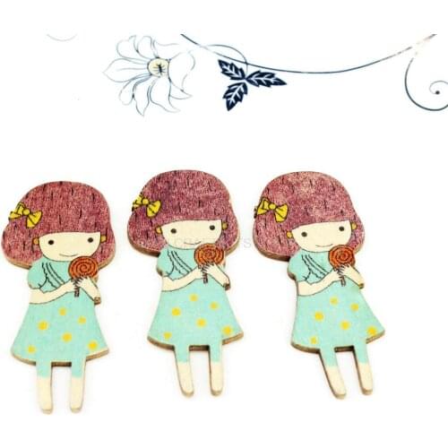 200pcs kawaii girl Wood Scrapbooking,58*22mm Wooden Flatback Little Fairytale Girl Pendant, Wooden Pendant aqua color