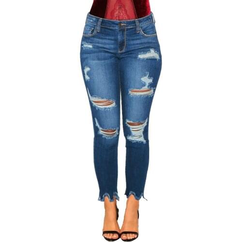 2021 Spring Large Women Pants Fashion Small Foot Ripped Jeans For Women