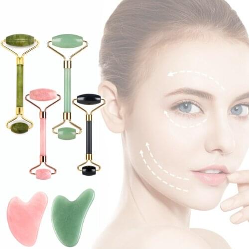 2pcs Face Massager Roller Natural Jade Stone Guasha Board Scraper Set Facial Lift Skin Relaxation Slimming Beauty Neck Thin Tool