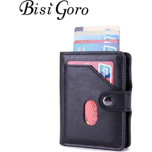 BISI GORO 2020 Pop-up Wallet Automatic Clutch Hasp Luxury Fashion Card Holder RFID Aluminum PU Leather Antitheft Business Purses