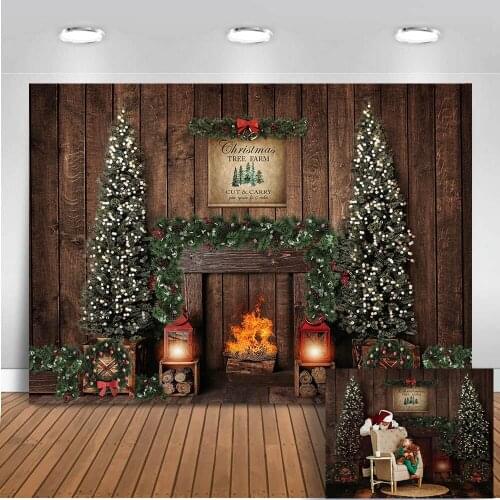 Rustic wood wall Christmas photography backdrop Fireplace Christmas tree Photo Booth Background Vintage oil light living room