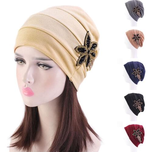 Women Muslim India Cap Ladies Velvet Hat Beanie Skullies Turban Chemo Cap With Beads Flower Headwear Cancer Hat Inner Elegant