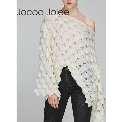 Jocoo Jolee Sexy Women Off Shoulder Loose Sweater Elegant Pull Sweater and Pullovers Casual 3D Print White Jumper Sueter Mujer