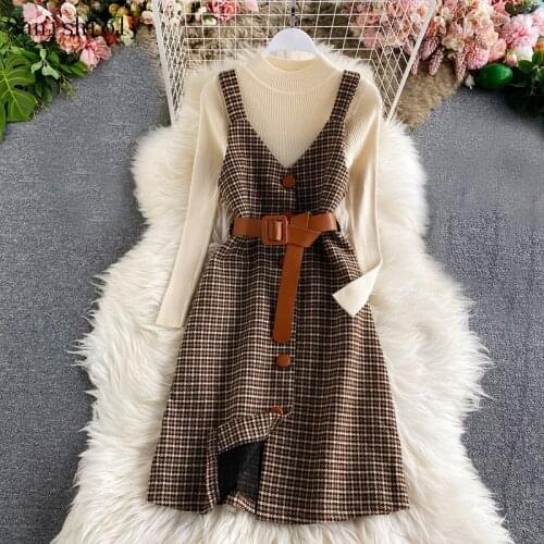 Two Piece Set New Autumn Womens Suit Long Sleeve Pullover Sweater Sashes Woolen Dress Female Long Plaid tank Dress Suits SE1130