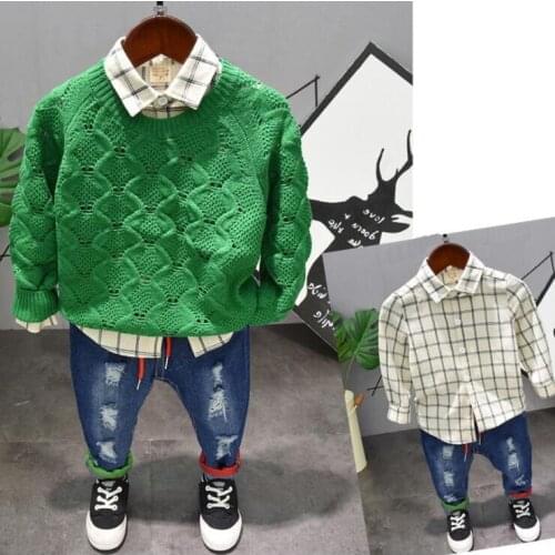 New Spring Autumn Children Clothing Suit Toddler Kids Knit sweaters, shirts and jeans 3pcs Outfit Set Clothes Casual Sport Suits