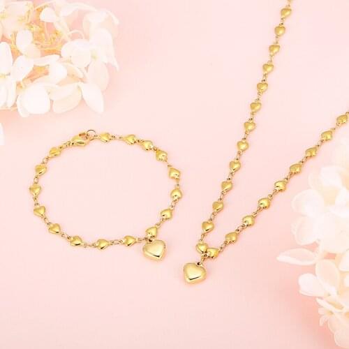 Simple Fashion Heart Shape Stainless Steel Gold And Silver Color Set Woman Accessories Bracelet Necklace Set