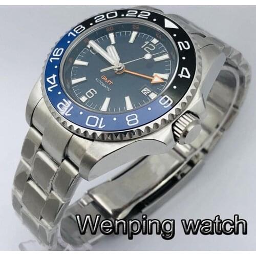 Bliger 43mm Mens New Top GMT Sterile Mechanical Watch Silver Case Sapphire Glass Ceramic Bezel Blue Dial Automatic Watch