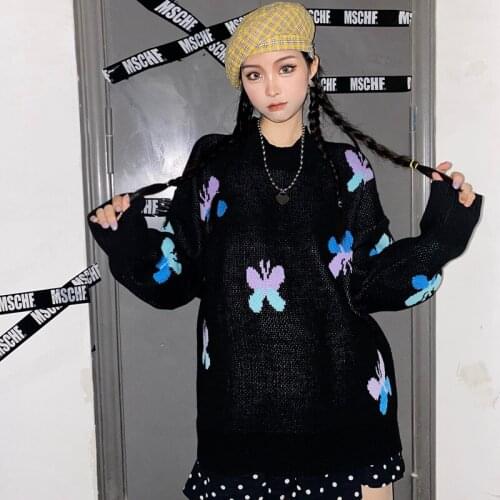 New Autumn Sweater Women Streetwear Sweater Harajuku Cartoon Butterfly Sweater Vintage Man Sweater Loose Round Neck Sweater