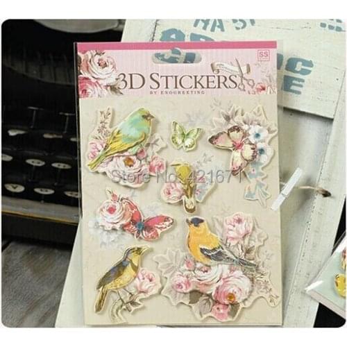 New Arrivals Fashion Dazzling 2sets/lot Colorful bird flower 3D Decorating Stickers Set DIY Photo Album Scrapbooking Kit