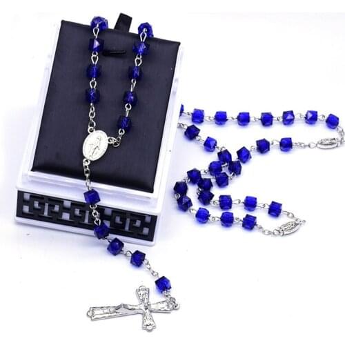 Catholic Rosary Square Blue Glass Beads Necklace Virgin Mary Jesus Handmade Jewelry For Men And Women 2020 New
