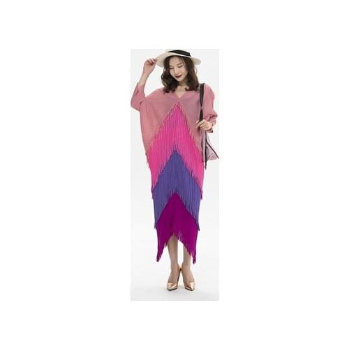 HOT SELLING Miyake fold patchwork V-Neck tassel Bat sleeve dress IN STOCK
