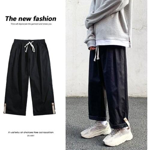 Casual Straight-leg Pants For Men Wide-leg Nine-point Trousers Buckle Design Male Loose Spring Autumn Oversize Sports Pants