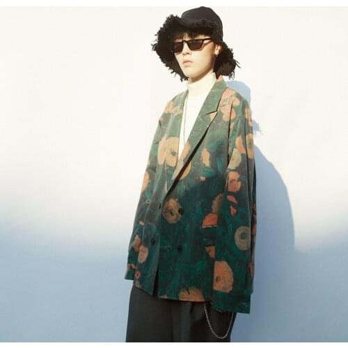 Casual Blazer Men Tide Fashion Suit Male Korean Style Couple Vintage Jacket Hairstylist Flower Top Stage Singer Costumes