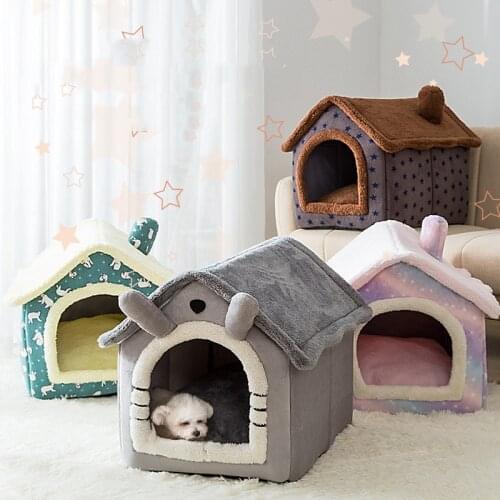 Pink star House for Small Medium Dogs Fleece grey calming Cat bed with roof and door Fluff Pet Puppy Sofa Mat Dog Cushion Poodle