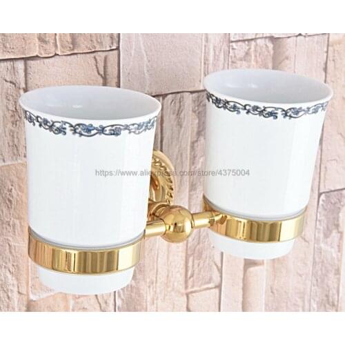 Luxury Bathroom Golden Polished Toothbrush Holder Brass Base Dual Ceramics Cups Wall Mounted Nba597