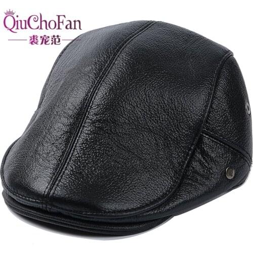 Genuine Leather Hat Winter Mens Fashion Berets First Layer Cowhide Male Bone Keep Warm Earmuffs Hats Tongue Cap Dad Hat