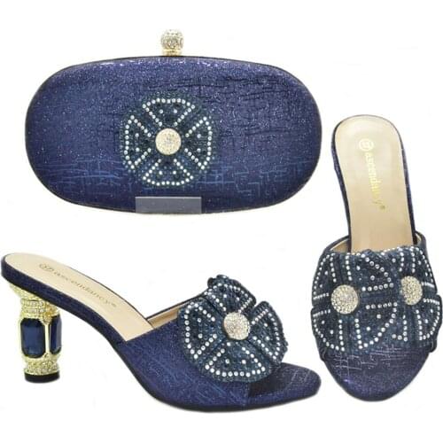 Blue Color Italian Ladies Shoes and Bag Set Decorated with Rhinestone Matching Italian Party Slippers Comfortable Sweet Elengant