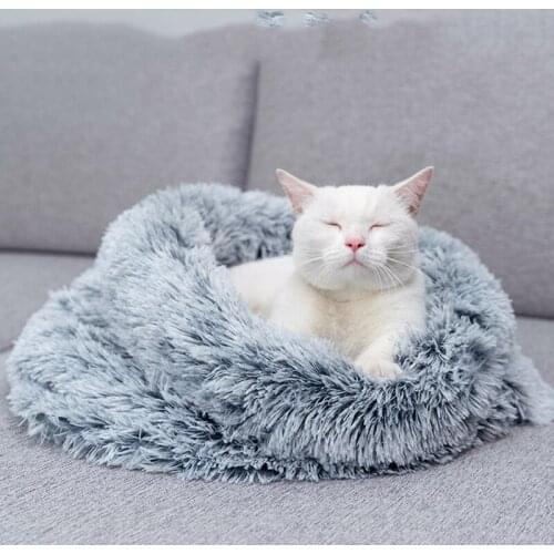 Fluffy Cat Sleeping Bag Hat Shape Puppy Kitten Lounger Sofa Long Plush Bed Cave Cushion Small Dog Basket Grey Brown S L Size