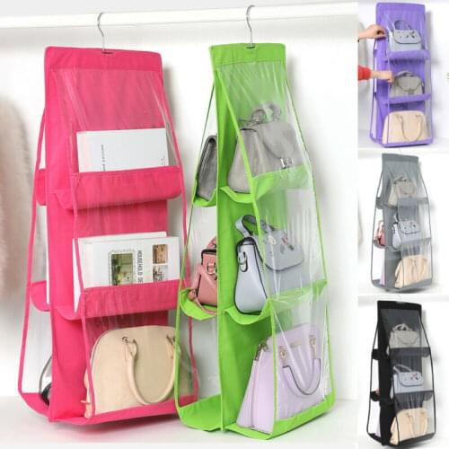 Non-woven Fabric Hanging Storage Bag 6 Pocket Transparent Pocket Double Side Hanging Closet Foldable For Organize