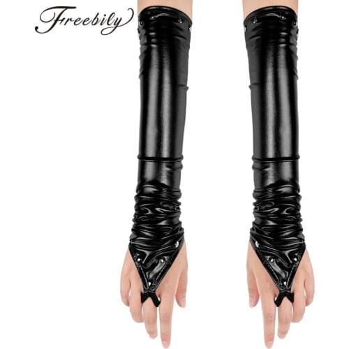 Fashion Night Club Party Pole Dancing Patent Leather Long Gloves Women Gothic Punk Fingerless Latex Gloves Cosplay Rave Costumes