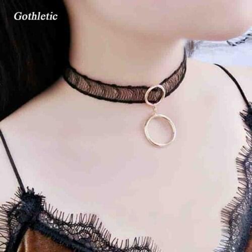 Gothletic 2019 Fashion New Black Lace Choker Metal Circle Pendant Collar Necklace for Women Summer Jewelry