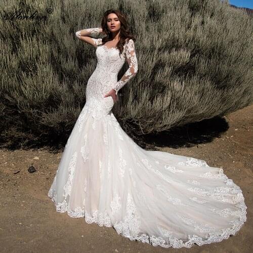 Alonlivn Mermaid Wedding Dress Appliques V-Neck Long Sleeves Trumpet Bridal Gowns