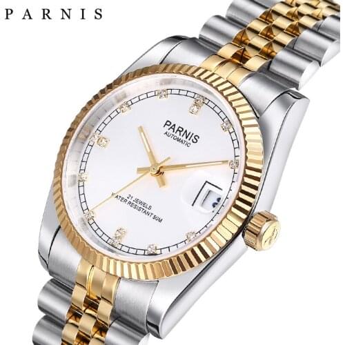 Parnis Automatic Mechanical Watch 2019 Luxury Brand Gold Men Women Elegant Diamond Stainless Bracelet Watches Man Clock PA2112