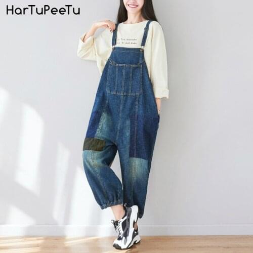 Jeans Jumpsuit Women 2021 Autumn Plus Size Overalls Wide Leg Denim Bib Pants Adjustable Strap Patchwork Pockets Bunch Bottom