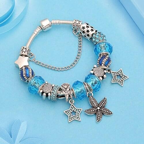 Leabyl New Ocean Blue Star Wave Charm Pendant Bracelet Tibetan Silver Lovely Turtle Starfish Bead Bracelet DIY Jewelry for Men