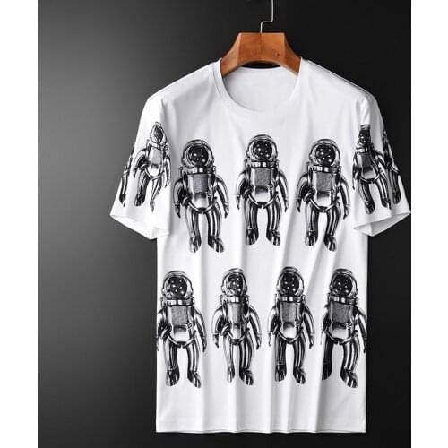 Summer Mens Luxury Mercerized Cotton Astronaut Print Short Sleeve Men Plus Size 4xl Slim T-shirts Man