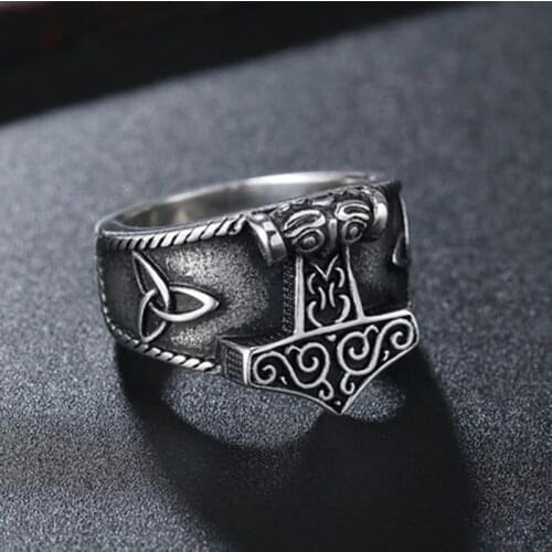Nordic Men Women Viking Odin Mjolnir 316L Stainless Steel Ring Thor Hammer Runes Amulet Rings Biker Jewelry Man Gift OSR801