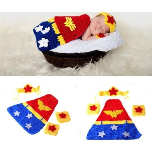 Latest Design Crochet Newborn Photography Accessories Infant Baby Crochet Headband and Cape Set Knitted Baby Girl Anime Clothes