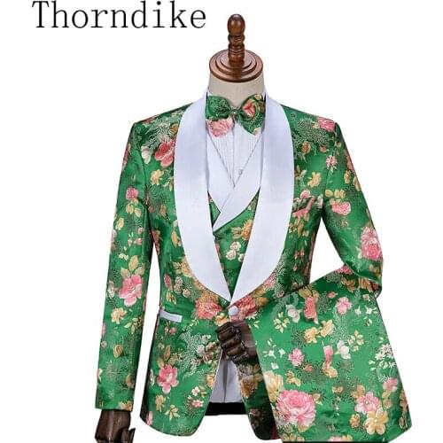 Jacket+Vest+Pants) Floral Three Piece Suit Slim Fit Mens 2019 Peony Flower Pattern Wedding Slim Fit Party Prom Suits XS-5XL