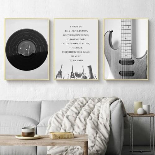 Posters and Prints Nordic Canvas Painting Home Decor Wall Art Retro Black White Guitar and CD Top Music Picture for Living Room
