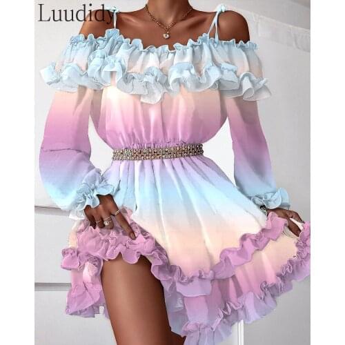 Off Shoulder Cami Ruffles Frill Hem Multicolor Print Dress