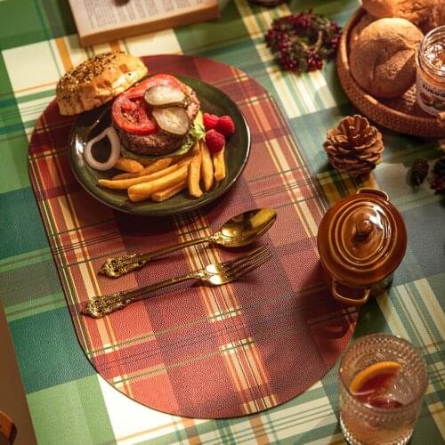 Christmas Leather Placemat Classic Plaid Printed Waterproof Table Mats Coaster Home Restaurant Dining Table Protective Pads