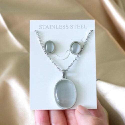 Silver Color White Stone Pendant Necklace and Stud Earrings 316L Stainless Steel Jewelry Set for Women Girl Accessories Gift