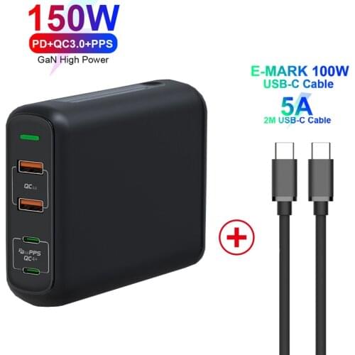 GaN 150W PD QC 4.0 3.0 Quick Charger with Dual Type C 100W PPS Fast Charging USB C Power Adapter PD USB-C Phone Laptop Charger