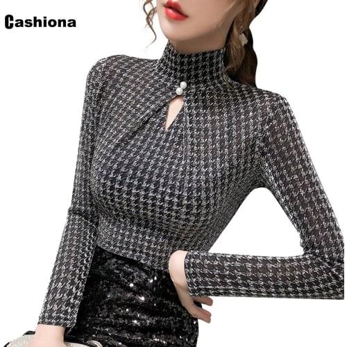 Cashiona Kpop Style Women Elegant Leisure Casual T-shirt Mock Neck Womens Top 2021 Spring Autumn New Houndstooth Shirt Femme