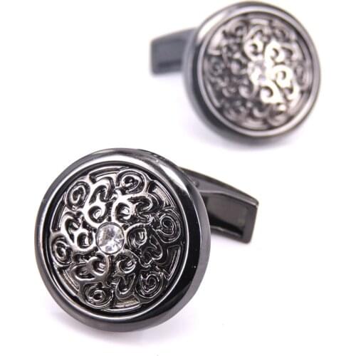 XKZM brand high quality French Cufflinks Round Black Retro Pattern Crystal cuff button wedding Business gift Jewellery