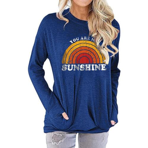 Women Fashion Rainbow Printed Long Sleeve Loose Casual Round Neck Pocket Shirts Blouses Tops